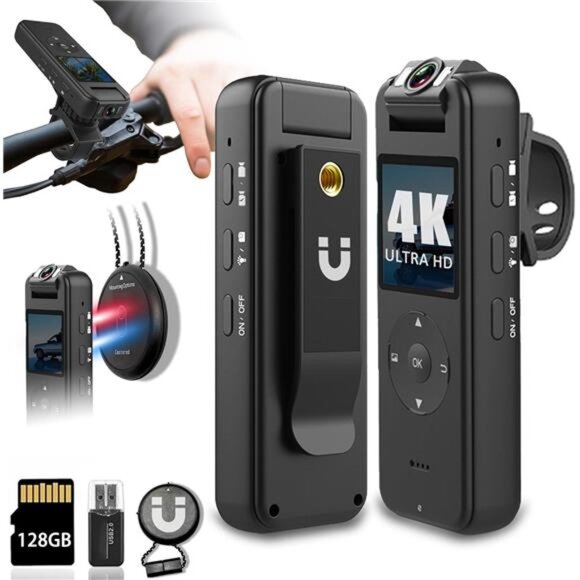 Body Camera 128GB with 4K 30FPS UHD Recording 1.4 in Screen Flashlight Mode